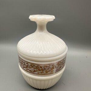 Vintage White milk Glass Decorative Lidded Jar with Gold Scroll Accent